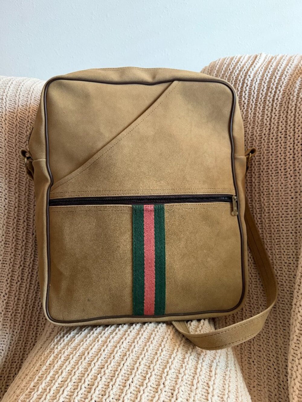 Vintage Tan Faux Suede Messenger Bag w/ Green & Pink Stripe Laptop Crossbody